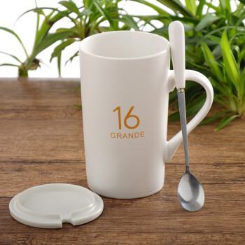 布丁瓷艺 创意陶瓷杯子马克杯带盖带勺情侣水杯咖啡杯牛奶杯 16号金字陶瓷盖+精品勺