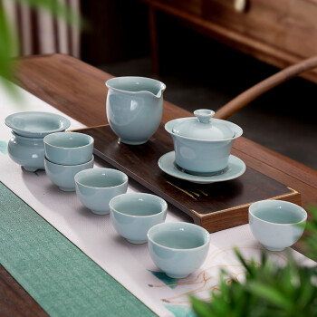 漢唐 汝窯茶具陶瓷功夫茶具瓷器套裝蓋碗茶杯公道杯組合 可開片可養金線