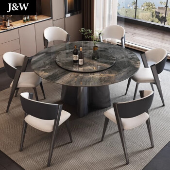 J&W高级感超晶石餐桌圆桌家用轻奢高端天然大理石意式餐桌椅组合 1.3米单桌+转盘+6米兰椅