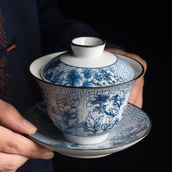 陶迷（TAOMI） 盖碗茶杯 青花瓷大号三才盖碗家用陶瓷功夫茶具大容量单个泡茶碗 万福盖碗