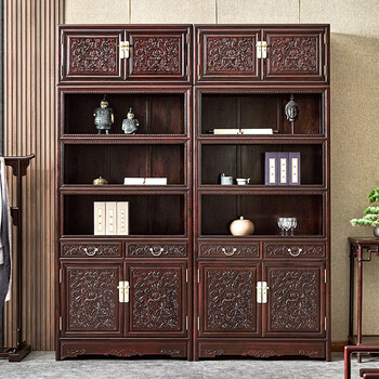 贡艺名居 红木家具血檀（学名：染料紫檀）西番莲纹书橱柜 加高多层实木仿古书柜书橱酒架储物柜 196*38*238cm