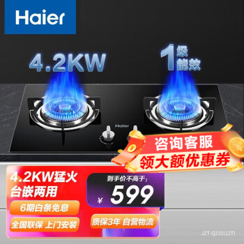 海尔（Haier）燃气灶灶具家用 一级能效 大火力 台嵌两用 燃气灶 双灶 天然气灶液化气灶Q235 4.2KW火力（天然气）