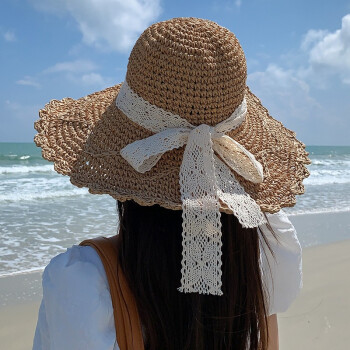 卡兰薇 夏季大檐草帽海边沙滩帽子女百搭时尚太阳帽防晒防紫外线遮阳帽 咖色 均码