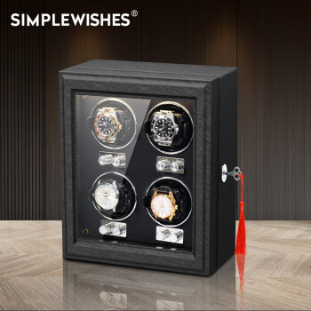 简单愿望（Simple wishes） 德国品牌摇表器机械表自动转表器家用转动放置器立式上链表盒 4表位-PU皮/全黑【9档+LED灯】