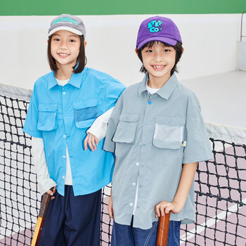 mipo【亲子装】春装儿童短袖衬衫男童2024新款女童衬衣潮 灰色 110cm