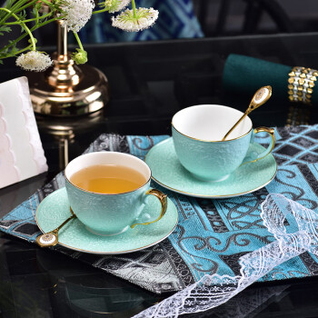 英格丽（INGRI）创意欧式手工描金骨瓷咖啡杯碟经典下午茶简约大气奢华咖啡杯碟 浮雕 蓝色 2杯碟-礼盒装