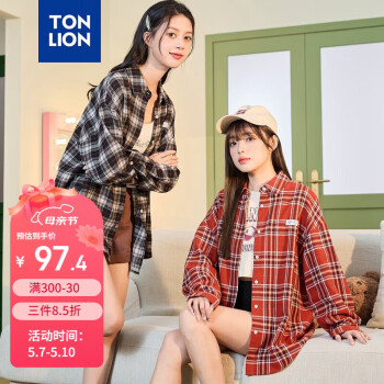 唐狮（TonLion）2023格子衬衫女宽松长袖休闲衬衣百搭通勤上衣 南瓜红 M