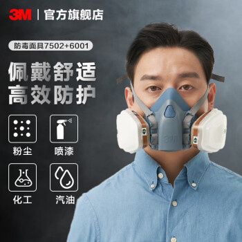 3M 防毒面具7502面具 喷漆口罩防尘面罩呼吸防护7件 套装硅胶材质半面罩 PM2.5 yzlp 【中号有机气体七件套】7502+6001