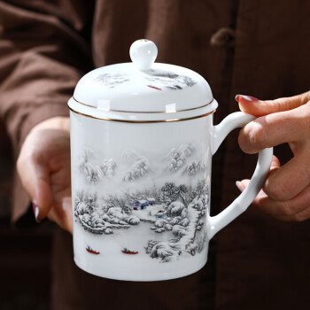 玉蝶景德镇陶瓷茶杯带盖个人专用杯子男士办公室水杯白瓷泡茶杯定制 雪景