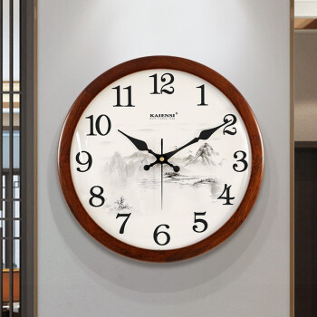 凯恩斯新中式实木挂钟客厅家用轻奢木钟表时尚大气静音圆挂表中国风时钟 6016A-山水盘