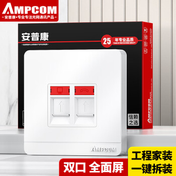 安普康（AMPCOM）白色双口网络面板 超六七八CAT6A78类网线RJ45/11电脑电话语音网口信息模块插座二位86型 AM8602