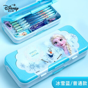 迪士尼Disney冰雪奇缘文具盒新款幼儿园一二年级儿童女孩自动多功能铅笔盒女生小学生爱莎公主三层 冰雪蓝/普通款