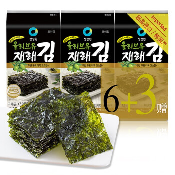 清净园韩国进口 橄榄油传统烤制9包 儿童休闲零食即食海苔脆紫菜片36g