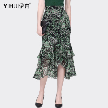 伊卉（YIHUI）夏季高腰印花不规则雪纺半身裙女中长款荷叶边裙子显瘦气质包臀裙 绿花色 S