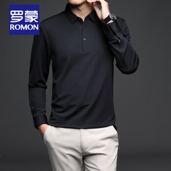罗蒙（ROMON）罗蒙轻奢品牌长袖T恤男式服装春新款T恤男长袖翻领休闲四季可穿 黑色 4XL