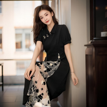FOURDATRY新中式国风改良旗袍黑色连衣裙女夏季2024年新款女装收腰复古长裙 黑色 XL 建议120-135斤