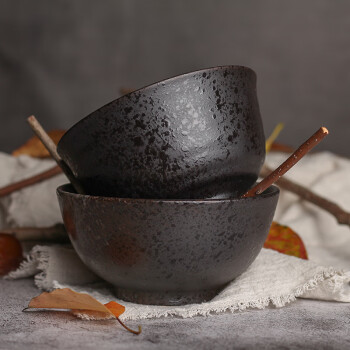丝贝美瓷 日式饭碗创意粗陶餐具黑色复古小碗瓷碗米饭碗家用吃饭陶瓷碗套装 4.3英寸反口罗纹碗5只装