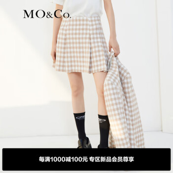 MO&Co.春季颗粒感格纹压褶高腰半身裙短裙MBB1SKTT06摩安珂 浅驼格色 XS/155