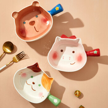 inmindhouse单柄泡面碗单个高颜值日式可爱创意家用带把水果沙拉焗饭早餐烤盘 三色猫