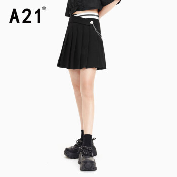 A21女装梭织高腰百褶时尚大气短裙减龄显高显瘦学院风半身裙 黑色 M