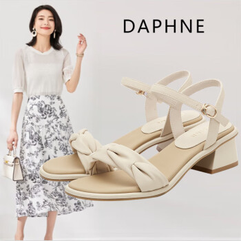 达芙妮（DAPHNE）中跟凉鞋女配裙子穿2024夏季新款仙女风一字带凉鞋粗跟时装女鞋 米色-4623303004 34