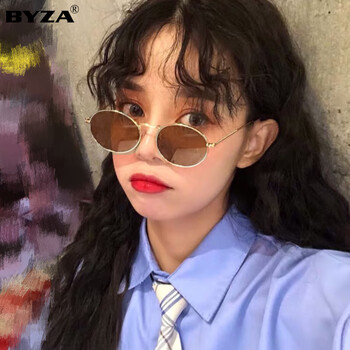 百飒(BYZA)茶色墨镜女复古港风2022年新款潮椭圆茶框素颜小框小脸太阳眼镜 金框茶片