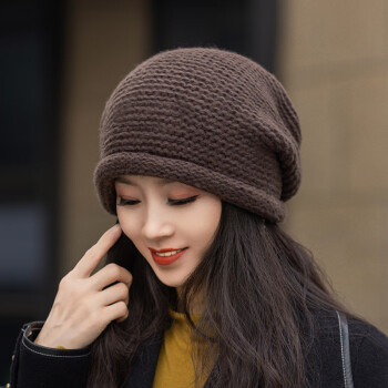 黛莎帽子女冬季新款韩版慵懒风堆堆帽卷边女士包头帽大头围针织毛线帽 咖色