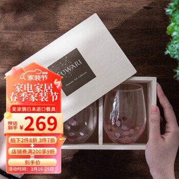 美浓烧（Mino Yaki）日本进口文艺小清新水杯玻璃杯浪漫樱花情侣杯透明大容量套装水杯 曼舞樱花对杯