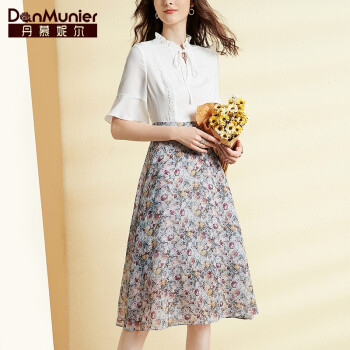 丹慕妮尔法式名媛气质女士连衣裙夏装假两件拼接碎花裙子 白色 150/76A/XS