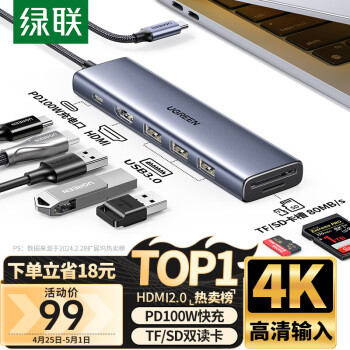 绿联Type-C扩展坞USB-C拓展坞转HDMI读卡器HUB分线器PD100W快充通用苹果15Macbook华为小米笔记本iPad