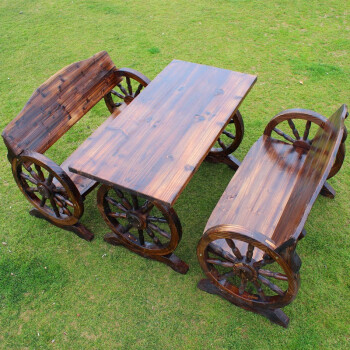 野人谷 实木桌椅防腐木碳化户外家具组合花园庭院休闲茶桌椅三件套双人车轮桌椅 1.2米一桌二椅