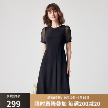 欧黎蔓（OULIMAN）杭州重磅真丝连衣裙2023年夏新款黑色泡泡袖收腰显瘦桑蚕丝裙子女 黑色 165/88A/M