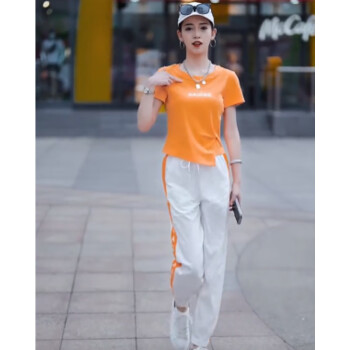 骆驼（CAMEL）2024夏季新款女士运动服套装休闲时尚洋气时髦两件套短袖小个子 橘色 M(建议100以内)