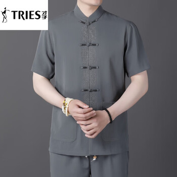 才子唐装男桑蚕丝夏季短袖套装中老年爸爸棉麻中山装亚麻百搭爷爷装男 灰色 170