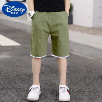迪士尼（Disney）一家人男童裤子运动短裤夏季薄款2024新款儿童五分裤纯棉休闲裤潮 军绿 120cm(120cm)