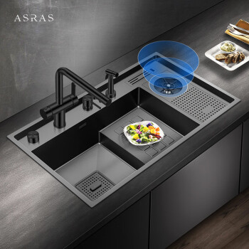 阿萨斯（ASRAS） 8448NJ 黑色纳米阶梯式水槽洗杯器洗菜盆304不锈钢手工水槽大单槽 套餐1-不含龙头 台控下水器