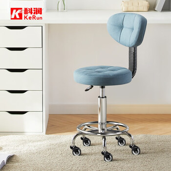 科润吧台椅升降酒吧椅子家用靠背凳前台滑轮椅美容理发座椅实验室转椅 【3级气杆-靠背款】科技布-蓝色 万向轮