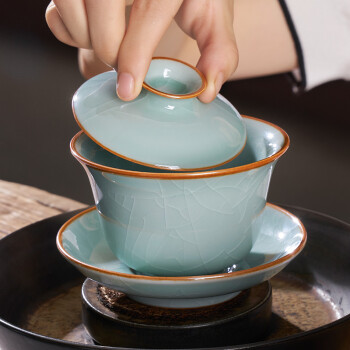 汉唐青瓷三才盖碗防烫茶杯功夫茶具泡茶杯中式家用单个陶瓷功夫茶杯可养开片 青瓷开片盖碗