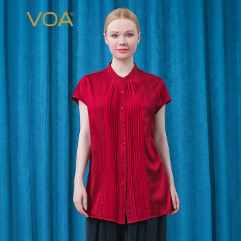 VOA丝绸弹力斜纹立领短袖酒红微弹撞料拼接褶皱单排扣气质衬衫 BE618 酒红斜纹（H34） 160/M