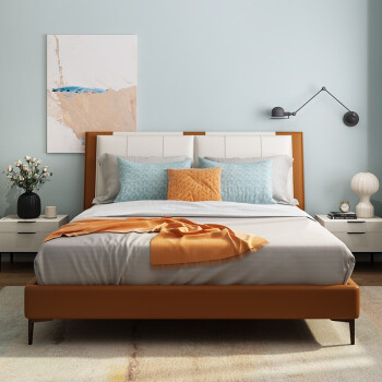 米兰纳 现代轻奢皮床小户型软包床双人床网红ins风真皮主卧大床 橙白色 XLM210A-软床1.5米