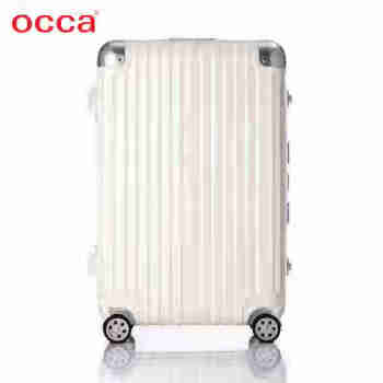occa/鷗卡新款純PC旅行箱女鋁鎂合金包角拉杆箱萬向輪奶咖色行李 白色 20英寸(2鎖扣)