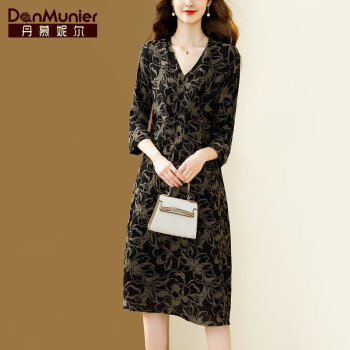 丹慕妮尔（Danmunier）丹慕妮尔黑色复古印花连衣裙女春装七分袖宽松气质裙子 黑色 S