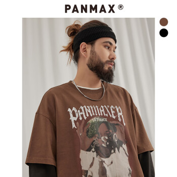 潘·麦克斯（PANMAX）PANMAX大码男装美式休闲圆领套头拼接男士长袖T恤上衣男生国潮肥 棕咖色 6XL