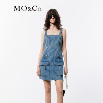 MO&Co.2024夏新品工装风背带吊带牛仔连衣裙辣妹MBD2DRST02摩安珂 牛仔蓝色 XS/155