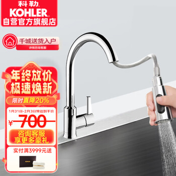 科勒（KOHLER）廚房龍頭抽拉式水槽龍頭洗碗廚盆冷熱水龍頭 防飛濺性價比款21366