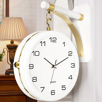 汉时（Hense）现代简约双面钟家用客厅创意挂件木质欧式装饰挂钟石英钟表HDS03 白色C款