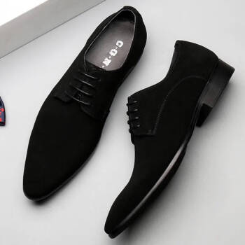 戴丽格新款商务正装皮鞋时尚韩版磨砂系带休闲英伦尖皮鞋 黑色 38