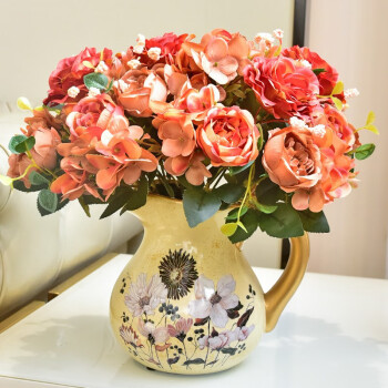 墨菲 欧式陶瓷花瓶摆件客厅插花美式彩绘餐桌干花家居装饰复古花艺 春暖花开 红色绣球芙蓉玫瑰