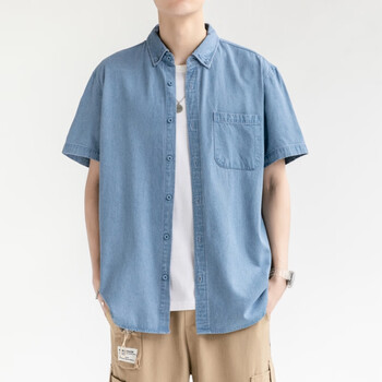 以纯（YISHion）牛仔短袖衬衫男士夏季薄款经典浅蓝衬衣休闲潮流长袖男装上衣 N86浅蓝色 M