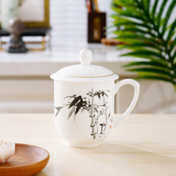 瑞玖（RUIJIU） 实用茶杯带盖水杯骨质瓷陶瓷杯会议杯男女办公杯子 水墨竹 1个 350ml